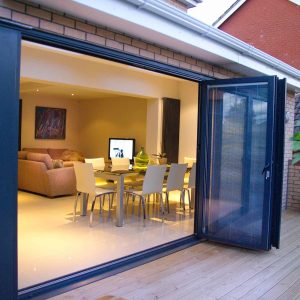 Black aluminium bifold door integral blinds