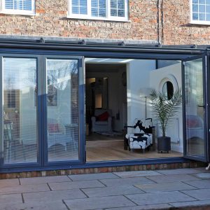 Grey aluminium patio sliding door with integral blinds